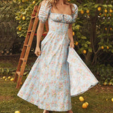 Women Floral Print Long Dress Summer Chic Short Sleeve Square Collar Split A Line Party Sundress Ladies Holiday Beach