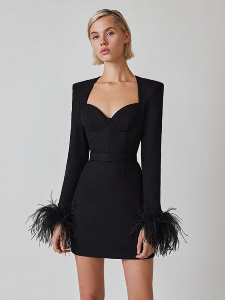strapless open back dress Women Winter Sexy Long Sleeve Feathers Hot Pink Black Mini Bodycon Ban –  Divahotcouture