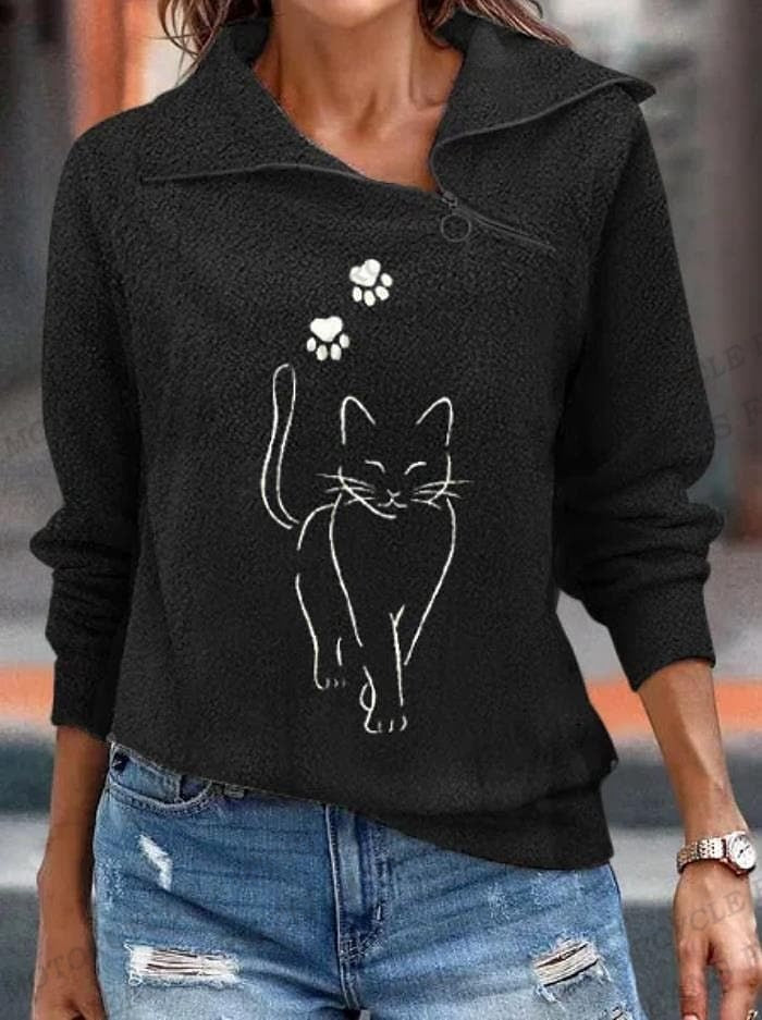 Women Cat Print Hoodie Fashion Zipper Hoodies Sweatshirts Zip Up Hoodie Women Sweats Long Sleeve Turn Over Collar Coats