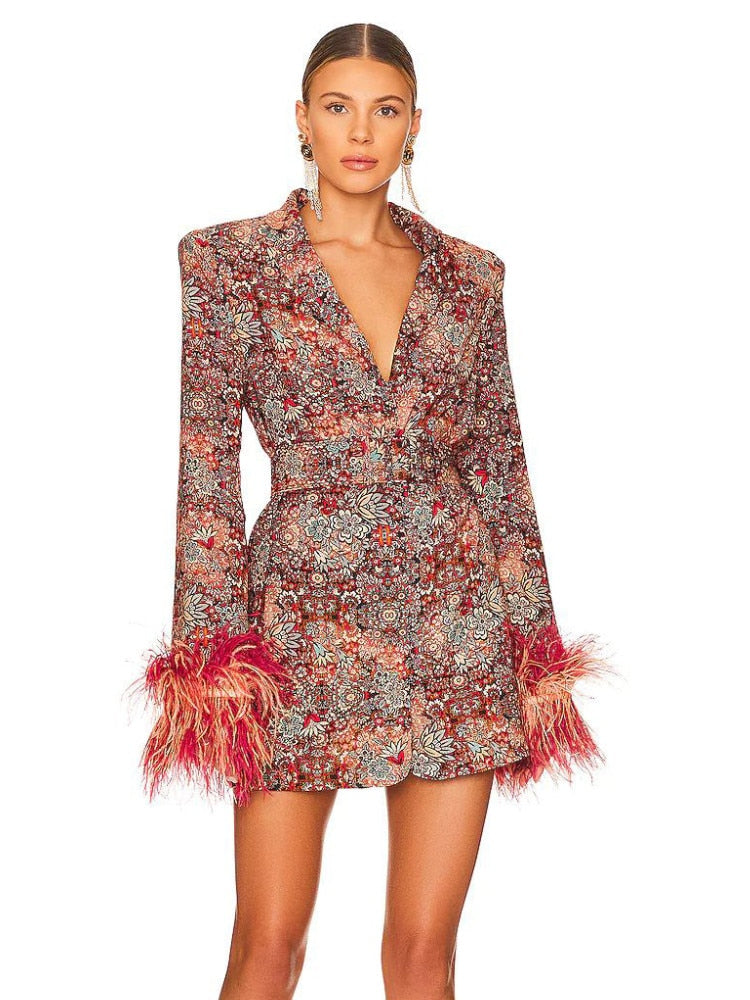 Women Winter Sexy Long Sleeve V Neck Floral  Blazer Dress Ostrich Feather High Street Celebrity Printed Office Lady Dress