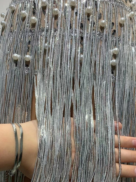 Women Luxury Sexy Strapless Backless Tassel Pearl Mesh Sequins Mini Party Dress