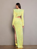 New Women Sexy Designer Sequins Sparkly Yellow Long Dress Elegant Bling Ankle Length Evening Bodycon Party Dress Vestidos