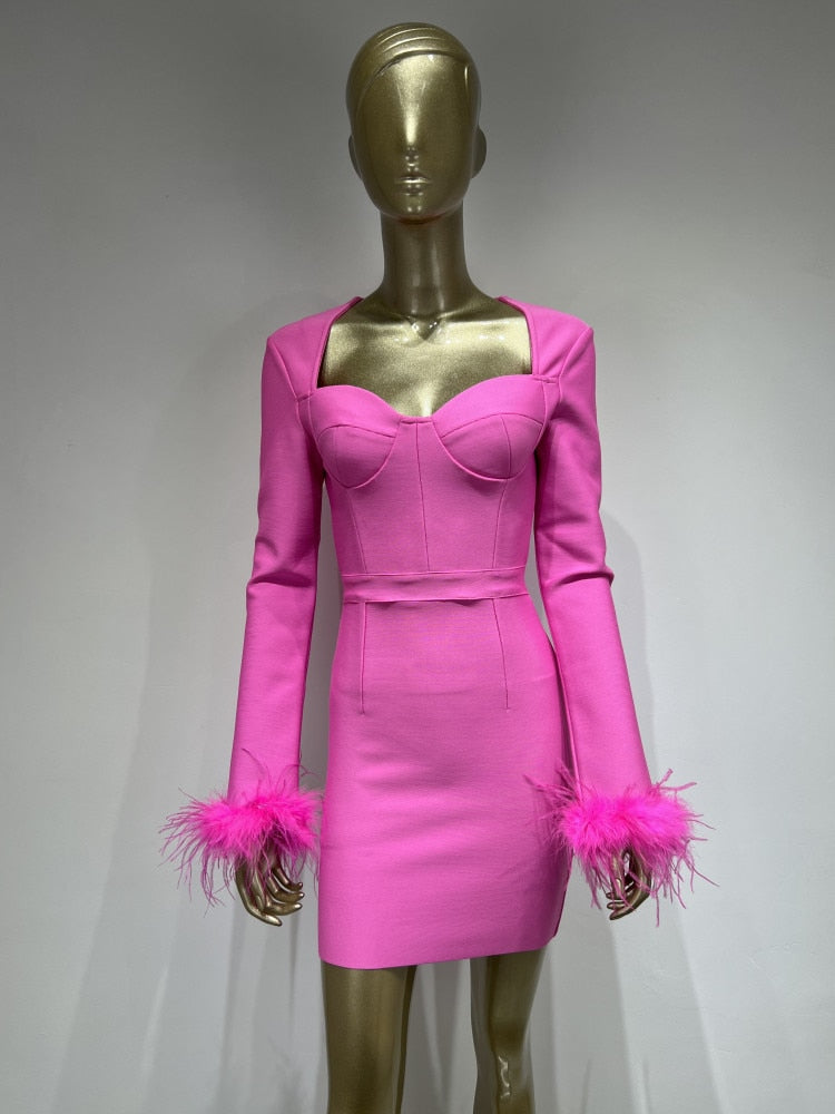 Women Winter Sexy Long Sleeve Feathers Hot Pink Black Mini Bodycon Ban   Divahotcouture