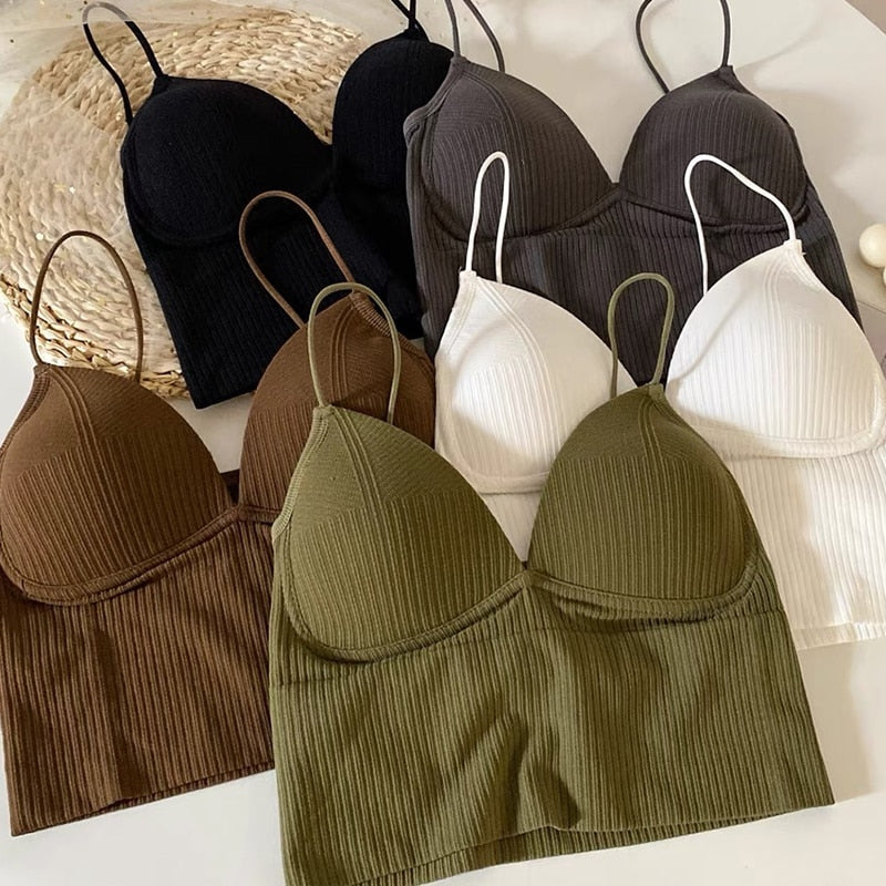 Women Seamless Crop Top Underwear Wire-Free V-Shaped Camisole Thin Straps Striped Solid Bralette Lingerie One-Piece Tube Tops