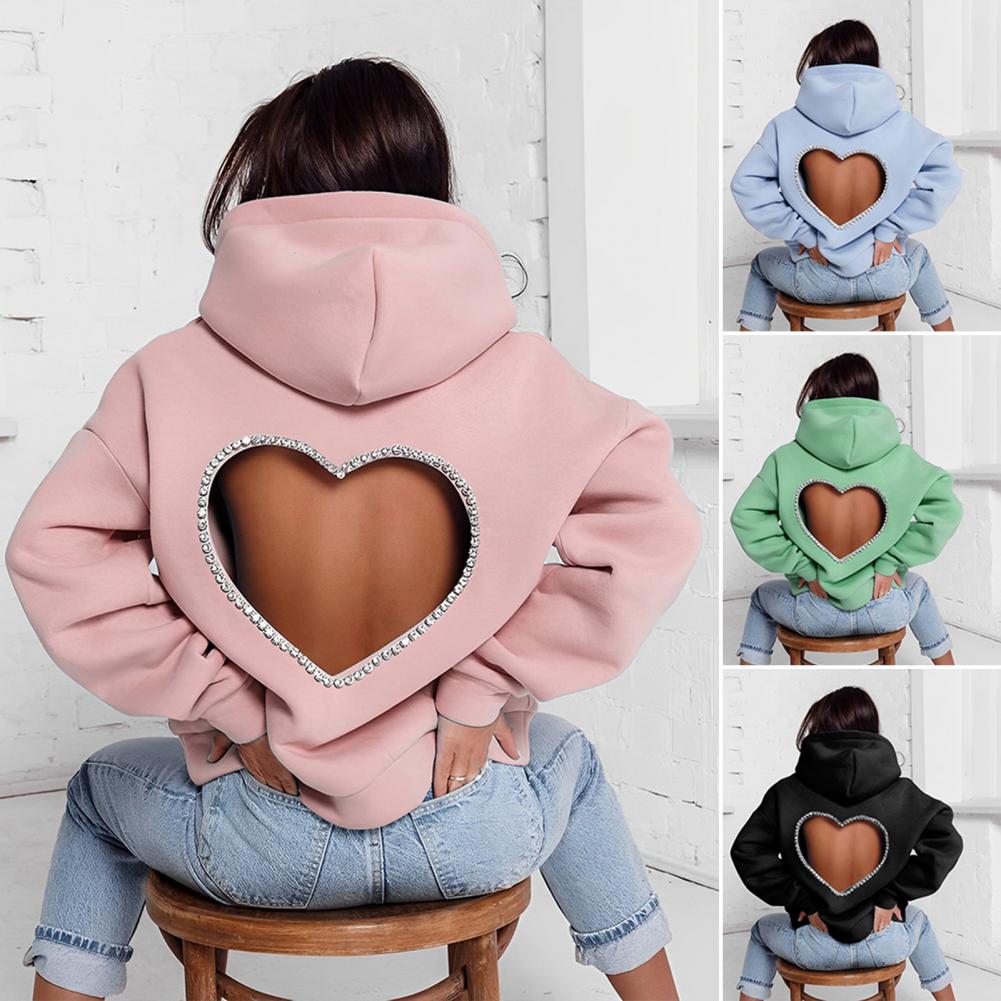 Women Hoodie Heart Shape Hooded Backless Hollow Out Rhinestone Keep Warm Pullover Solid Color Spring Hoodie for Club
