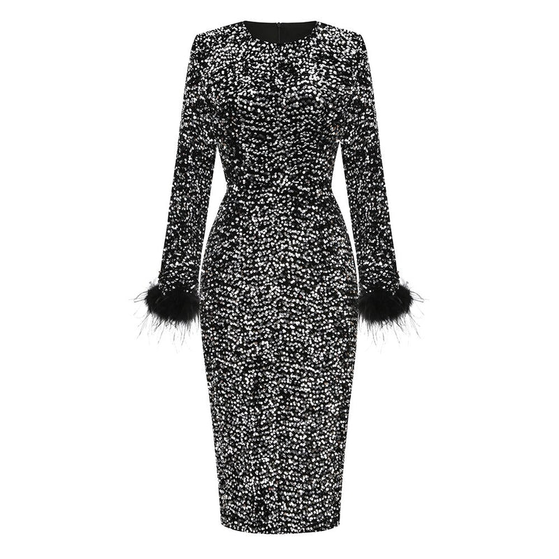 New Women Sexy Winter Long Sleeve Feathers Sequins Brown Black Bodycon Dress Long