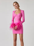 Women Winter Sexy Long Sleeve Feathers Hot Pink Black Mini Bodycon Bandage Dress Elegant Evening Party Dress