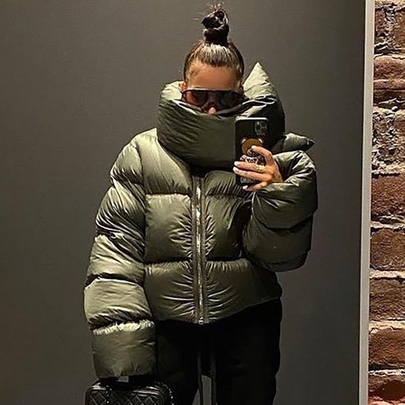 Winter Casual Black Oversized Bubble Coat for Women 2023 Fashion Zipper Scarf Collar Short Puffer Jackets Green Parka Streetwear