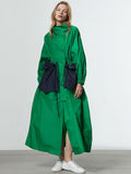 Spring Autumn Extra Long Oversized Green Trench Coat for Women with Big Pockets Drawstring Luxury Designer