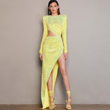 New Women Sexy Designer Sequins Sparkly Yellow Long Dress Elegant Bling Ankle Length Evening Bodycon Party Dress Vestidos