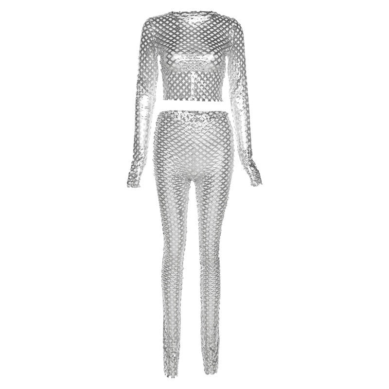 Autumn Sexy Bodycon Hollow Out Dress Silver Diamond Mesh Club Long Sle –  Divahotcouture