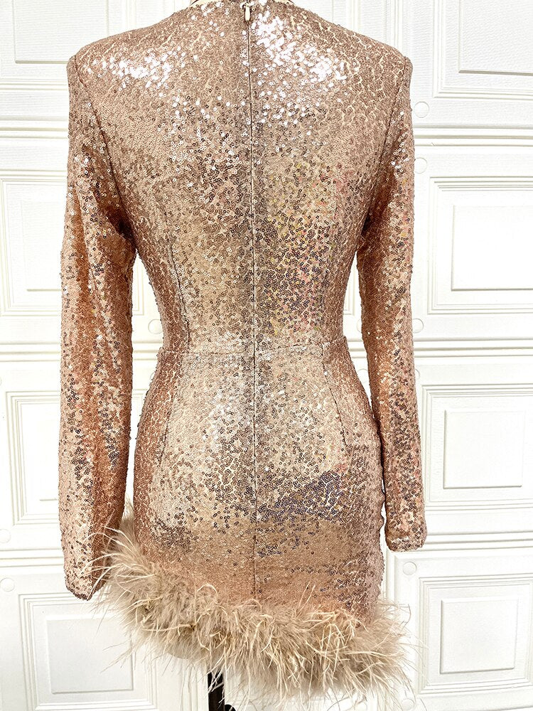 New Women Sexy Winter Long Sleeve Feathers Sequins Gold BodyconDress Party Dress
