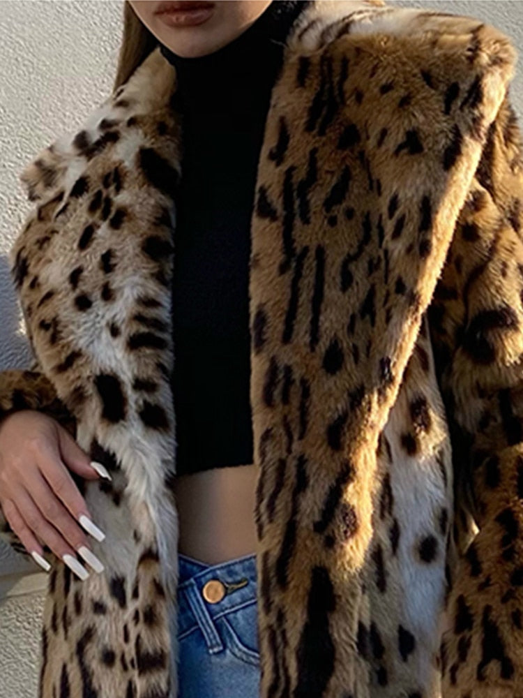 Winter Long Warm Thick Leopard Fluffy Faux Fur Coat Women Tiger Print Runway Loose Luxury Designer Clothing