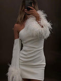 Sexy Feathers Flare Long Sleeve Mini Dress Elegant Slim One Shoulder 2023 Spring Fashion Female Club Party Dresses
