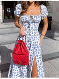 Women Floral Print Long Dress Summer Chic Short Sleeve Square Collar Split A Line Party Sundress Ladies Holiday Beach