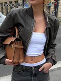 Women Bomber Jacket Chic Cropped Leather Short Coat Female Stand Collar Gothic Racing Jackets Biker Motorcycle Outerwear