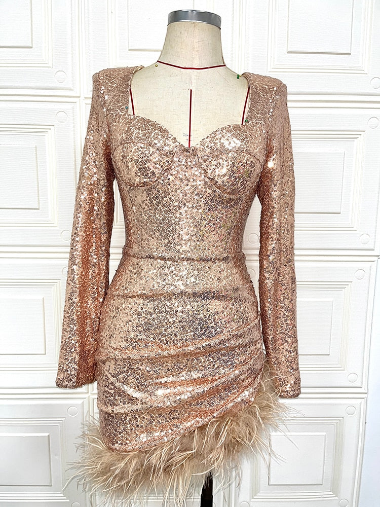 New Women Sexy Winter Long Sleeve Feathers Sequins Gold BodyconDress P Divahotcouture New Women Sexy Winter Long Sleeve Feathers Sequins Gold BodyconDress P Divahotcouture
