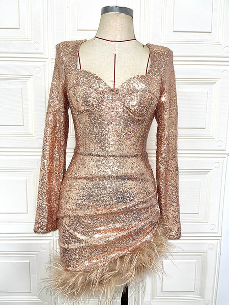 New Women Sexy Winter Long Sleeve Feathers Sequins Gold BodyconDress Party Dress