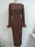 New Women Sexy Winter Long Sleeve Feathers Sequins Brown Black Bodycon Dress Long