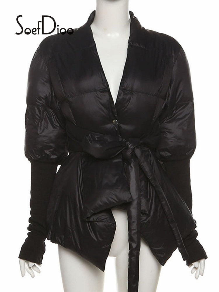 Woman Winter Coats 2023 Thick Warm Jacket Waist Down Cotton Padded Outwear with Belt Women's Parka Loose Jacket