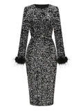 New Women Sexy Winter Long Sleeve Feathers Sequins Brown Black Bodycon Dress 2022 Long Christmas Xmas Party Dress Vestido