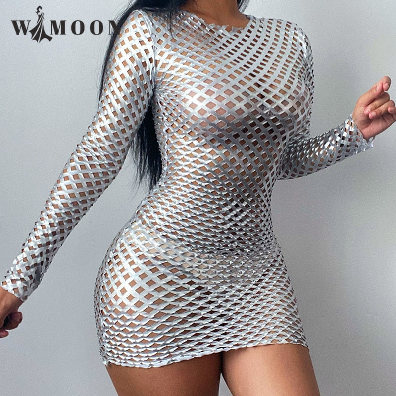 Women Sexy Diamond Long Loose Sleeve Fishnet Bodycon Party Mini Dress Cover
