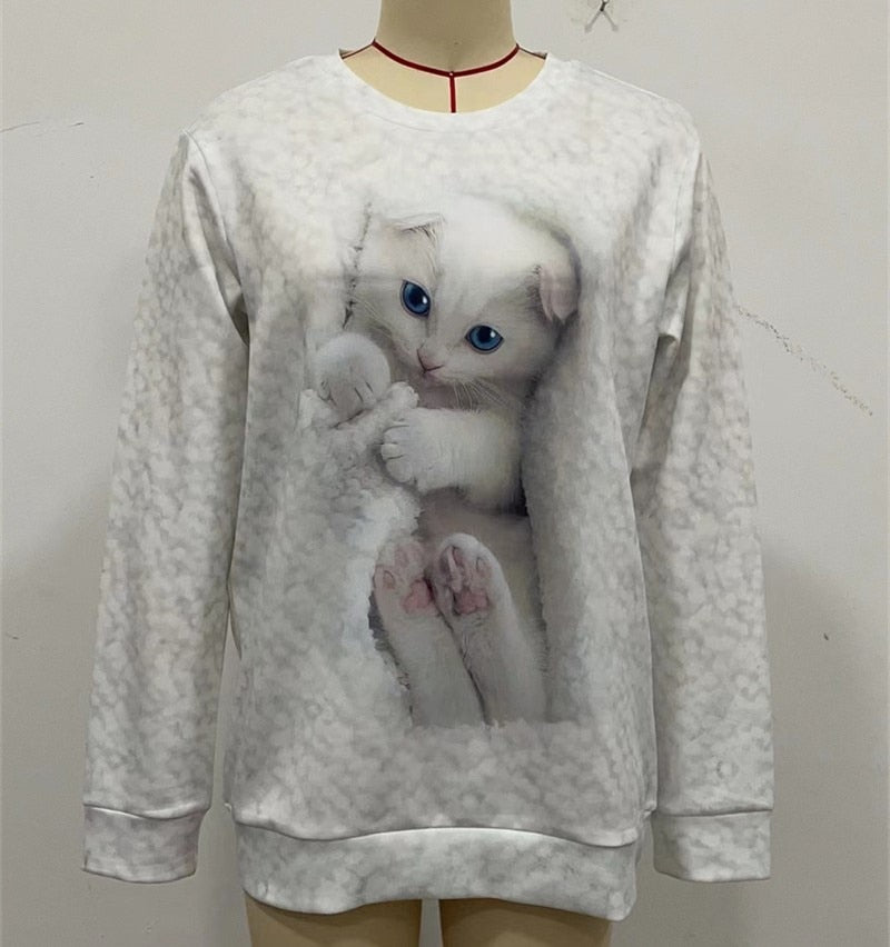 Casual Loose Sweatshirt Women's White Cute Cat Print Hoodie Autumn O Neck Splicing Long Sleeve 3D Animal