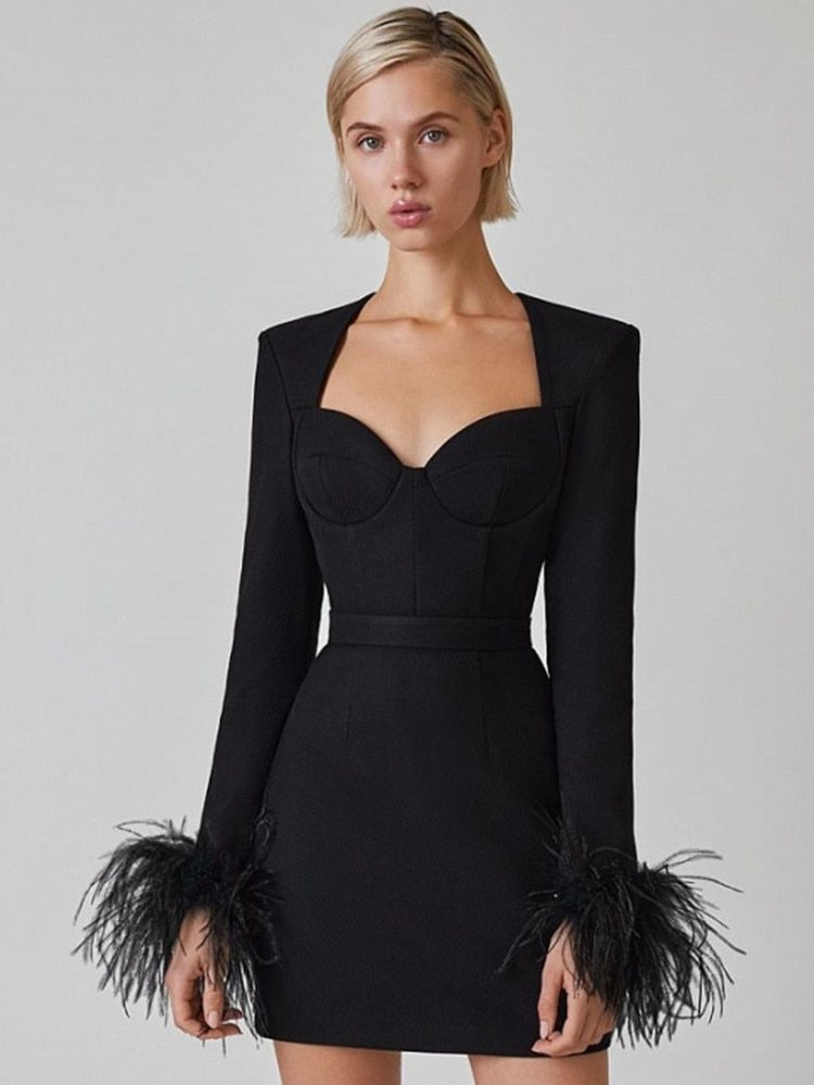 Women Winter Sexy Long Sleeve Feathers Hot Pink Black Mini Bodycon Ban –  Divahotcouture