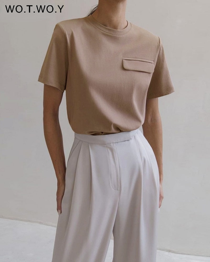 Summer Casual Solid T-shirts Women Fake Pocket O-Neck Cotton Short Sleeve Tees Female Basic Loose Soft Tops