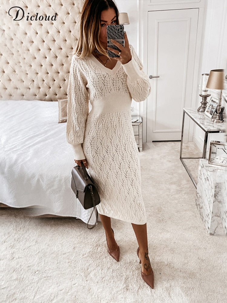 Beige Knitted Sweater Dress Autumn Winter Elastic Long Sleeve V Neck E Divahotcouture Beige Knitted Sweater Dress Autumn Winter Elastic Long Sleeve V Neck E Divahotcouture