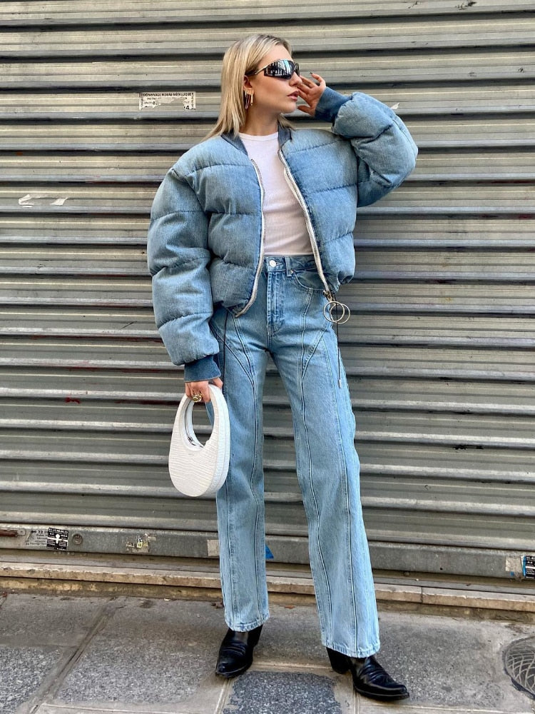 Cotton Puffer Winter Blue O-neck Warm Parkas for Women Casual Vintage Zip-up Cotton Padding Puffer Jacket Female Coats Streetwear