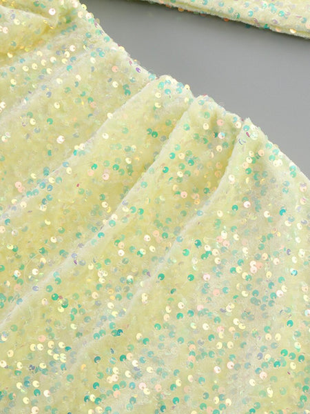 New Women Sexy Designer Sequins Sparkly Yellow Long Dress Elegant Bling Ankle Le