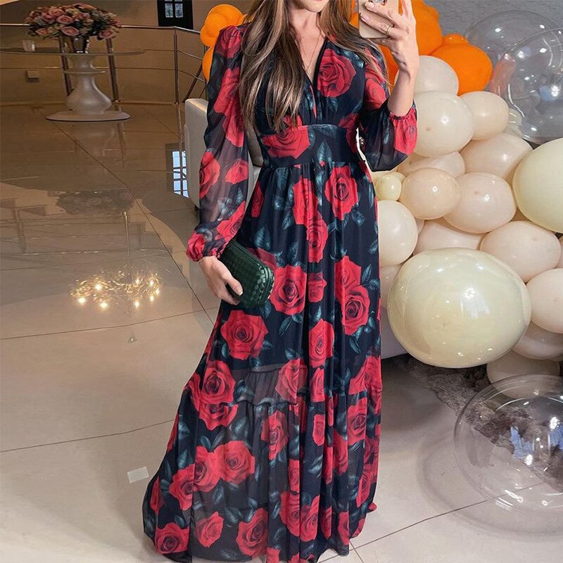 Spring Women Long Sleeved Cutout V-Neck Twist Summer Elegant Tie Dyed Floral Printed Lantern Sleeve Split Thigh Maxi Dress