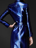 Spring Autumn Long Shiny Reflective Leather Trench Coat for Women Belt Double Breasted Cool European Fashion 2022