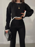 Casual Two Piece Set Women 2023 Spring Crop Sweater   High Waist Lady Suits Knit Panelled Side Split Trouser Suits Female