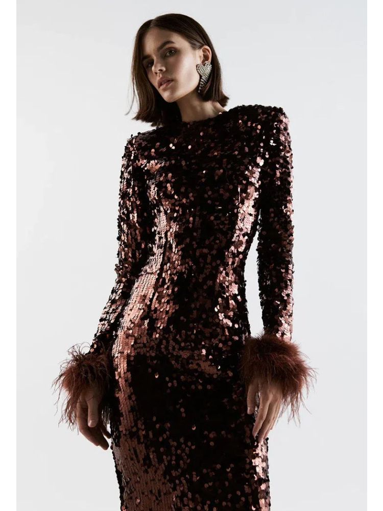 New Women Sexy Winter Long Sleeve Feathers Sequins Brown Black Bodycon Dress Long