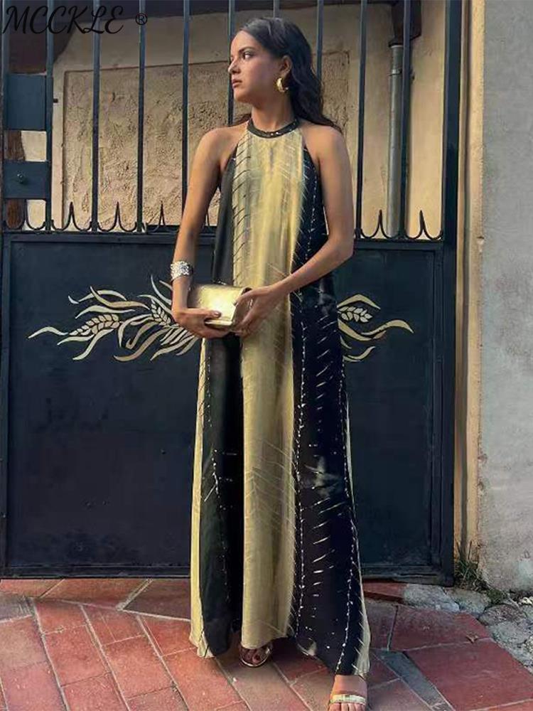 Elegant Halter Beach Print Dress Women Summer Backless Loose Vacation Female Long Dresses Sleeveless Casual Vintage Robe