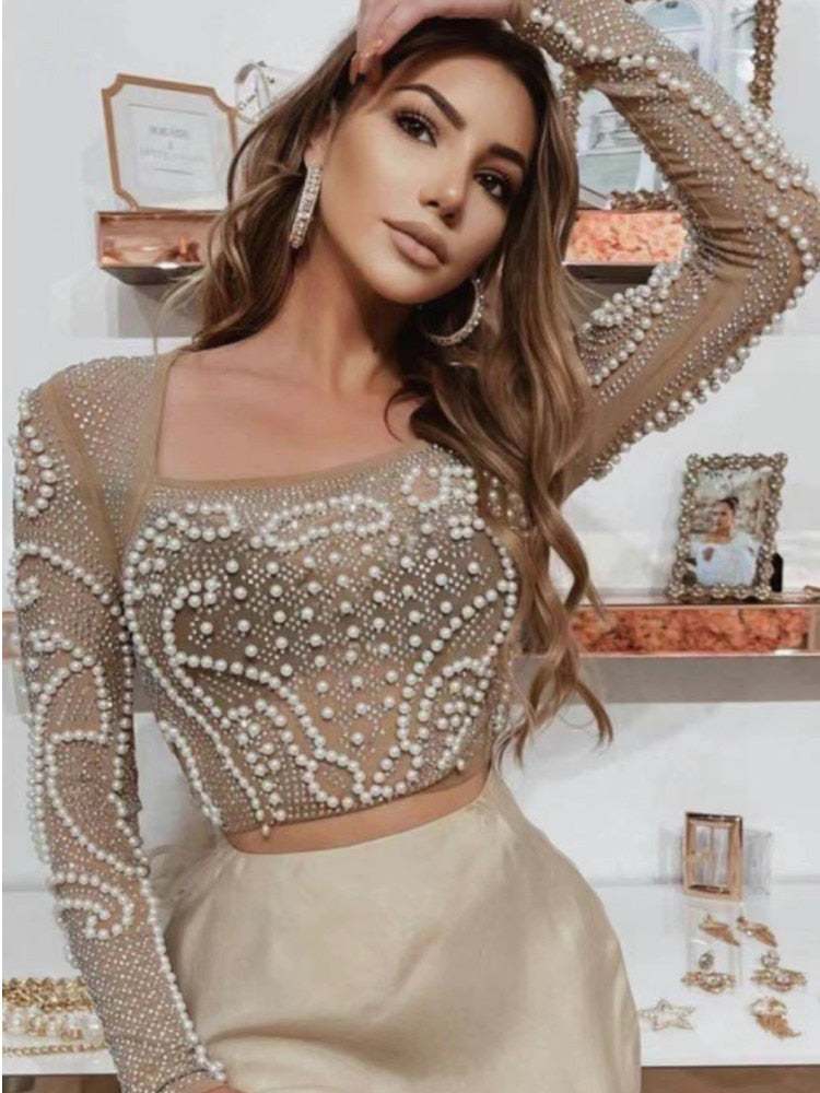 Women Sexy Designer Sparkly Beading Lace Mesh Long Sleeve T-Shirts Ladies Celebrity Tees Tops Skirt Suits