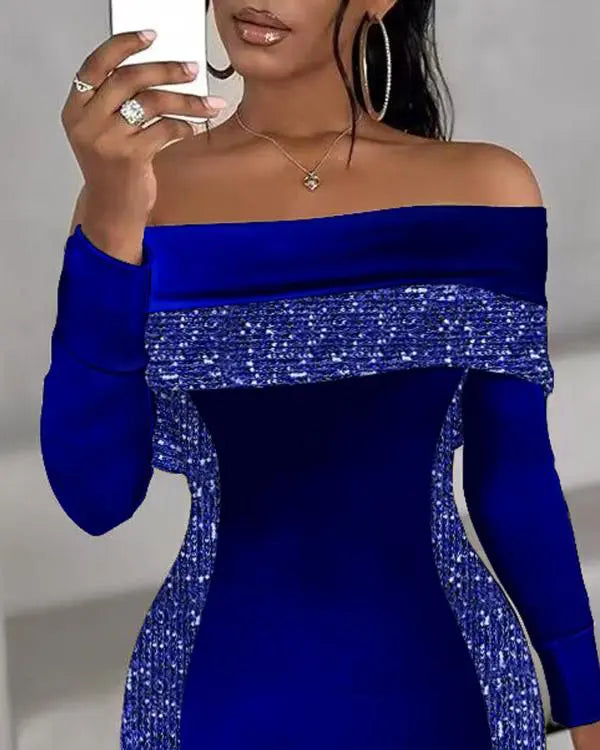 Robe midi fendue en velours contrasté à sequins